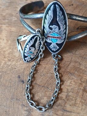 G&S Sterling Tone Harley-Davidson Eagle Bar and Shield Motif Cuff & Ring Set